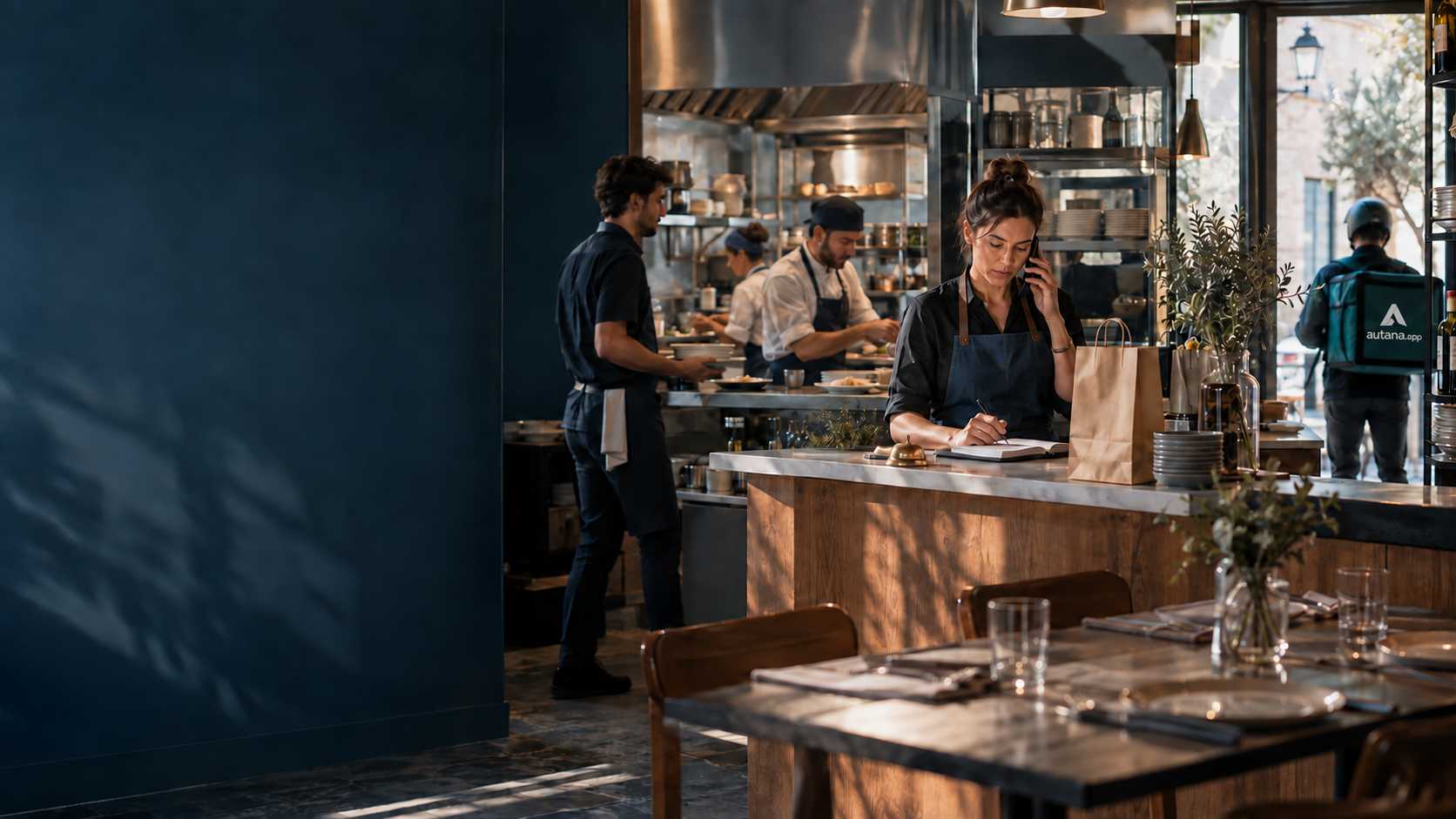 Equipo coordinando la operación de un restaurante con cocina, recogida y reparto Autana